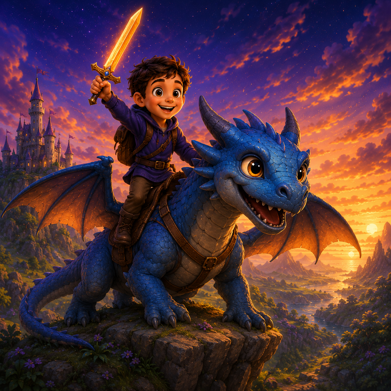 Ein Kind reitet als mutiger Held auf einem freundlichen blauen Drachen im Sonnenuntergang
