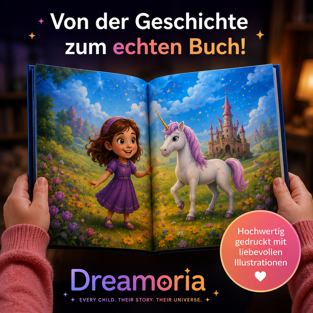 Hände halten ein hochwertig gedrucktes, personalisiertes Dreamoria-Bilderbuch